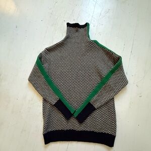 Women’s Black, White and Green Mockneck Herringbone Sweater. Size Medium.